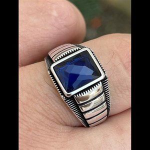 Mens Plain Real 925 Sterling Silver Hip Hop Big Blue Sapphire Stone Ring Size CZ